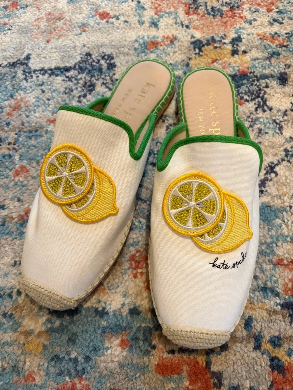 New Kate Spade NY Azura Lemons Canvas Slip-On Espadrille Mules Lemon sparkle 9